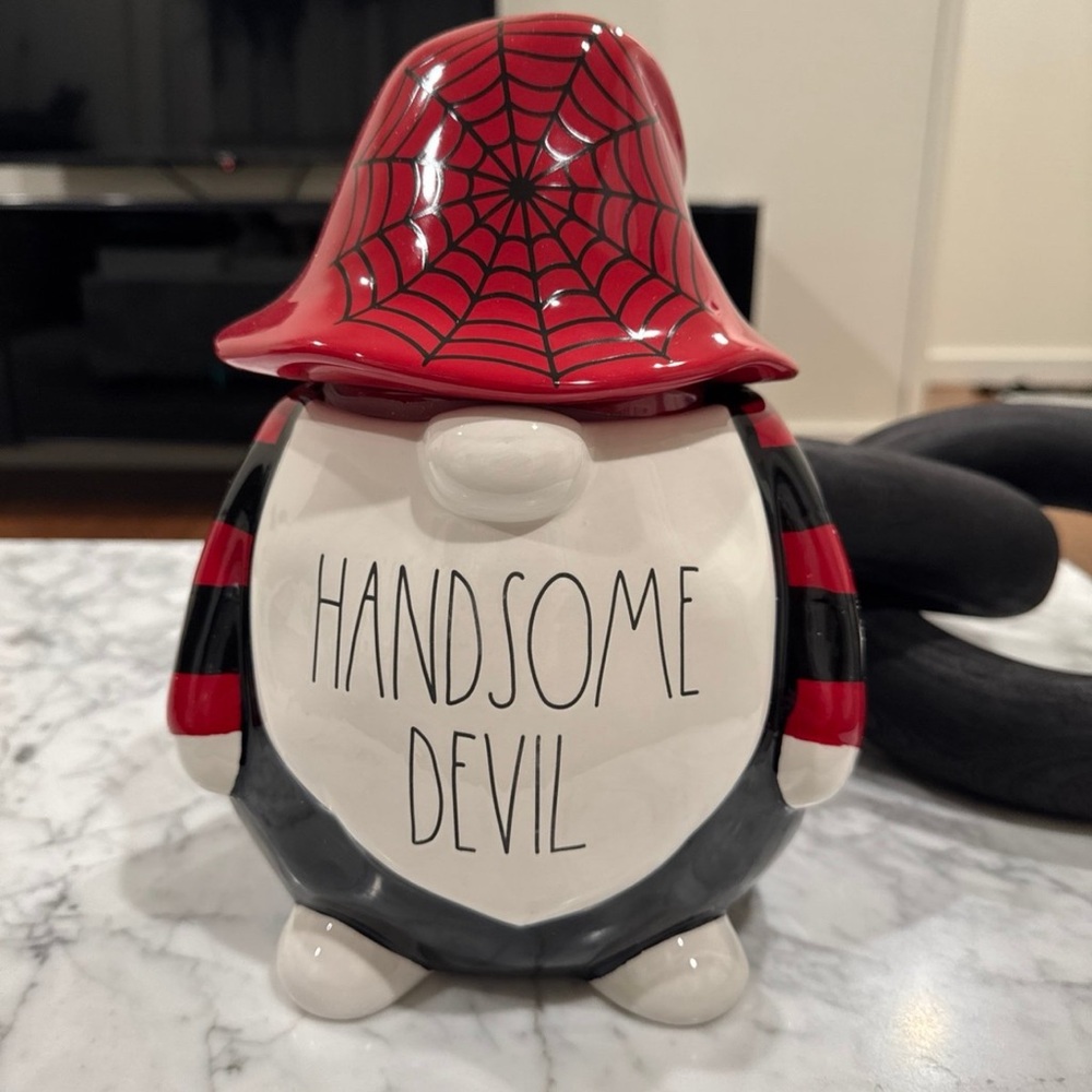 Rae Dunn HANDSOME DEVIL Gnome Large Canister Red, Black, & White Glazed Ceramic